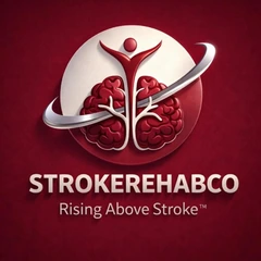 StrokeRehabCo logo: figure rising above a brain, with Rising Above Stroke tagline