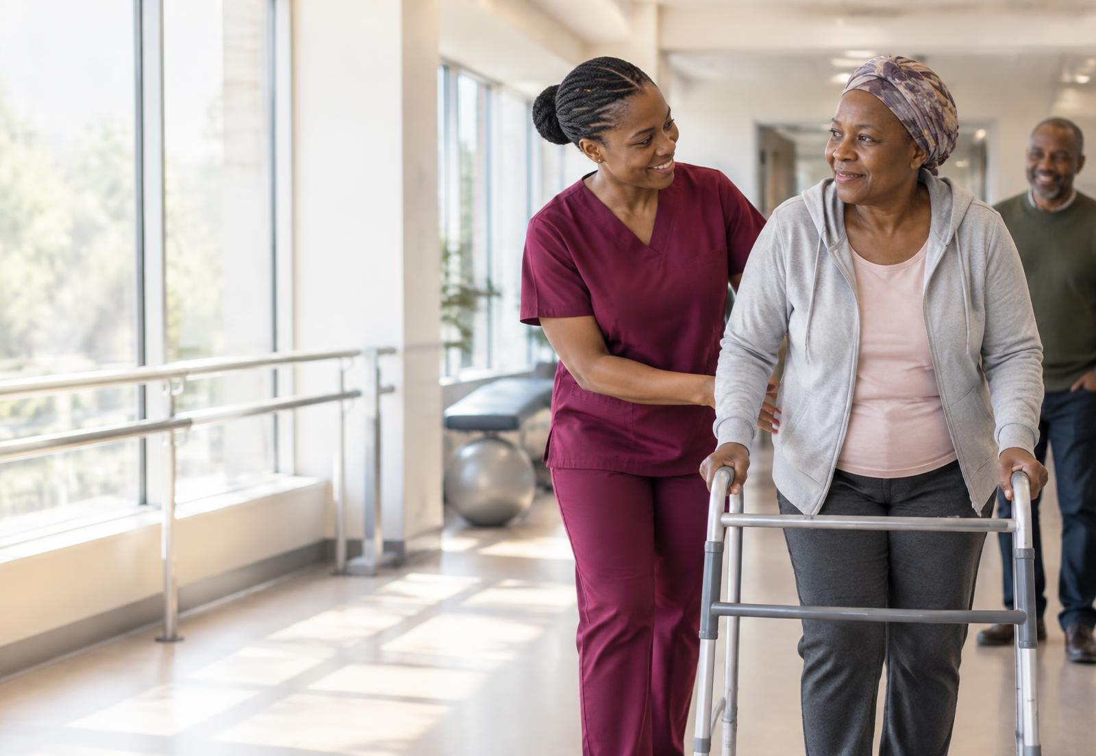 Physiotherapist supporting a patient during supervised walking rehabilitation