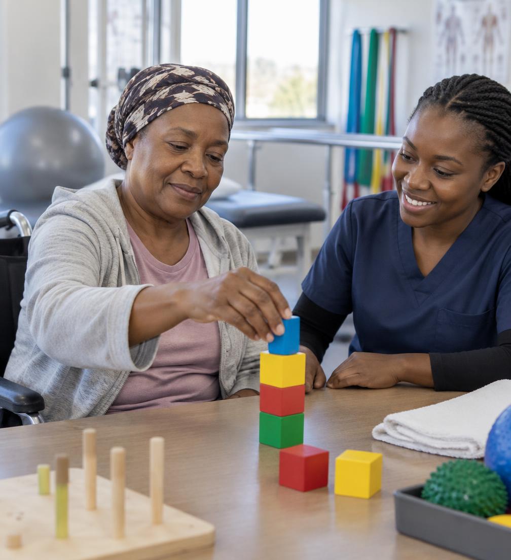 Patient and therapist working on upper-limb exercises